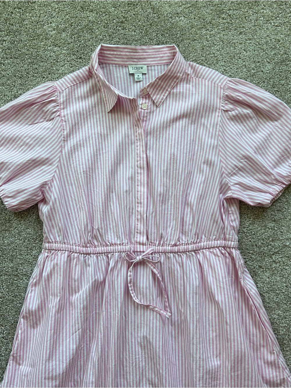 J. Crew Pink White Striped Puff Sleeve Shirtdress Size 8 Cotton Blend Pockets - Picture 2 of 10